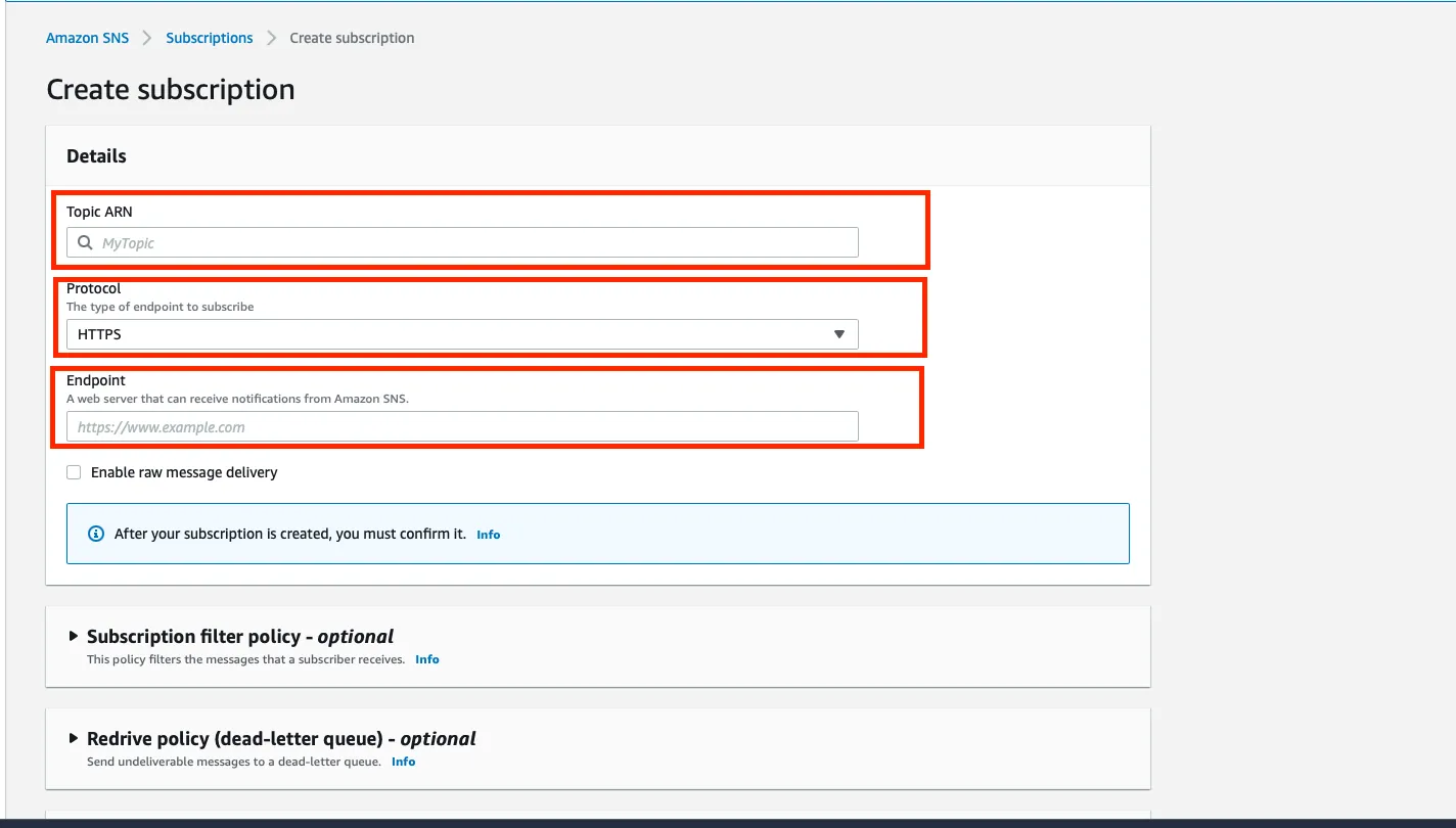 create sns subscription