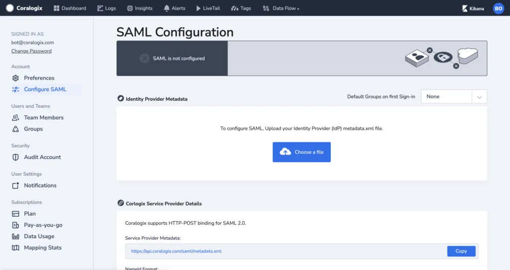 Upload xml metadata in Coralogix