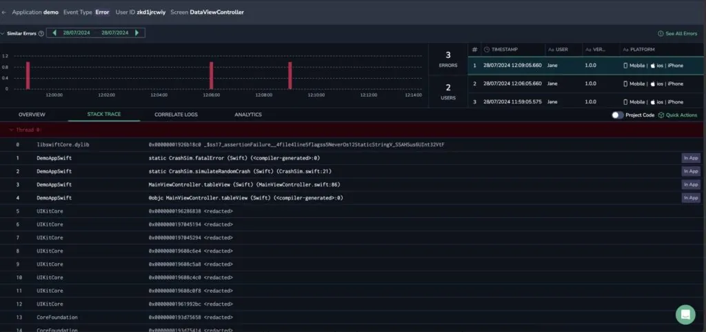 Coralogix Error Tracking stack trace shown with readable function names, file names, and line numbers after symbolication
