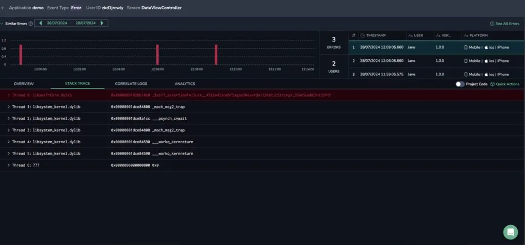 Coralogix error drill-down with the Stack Trace tab open, showing the trace split by thread