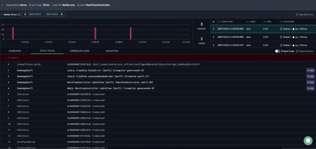 An expanded thread in the stack trace, listing its individual frames
