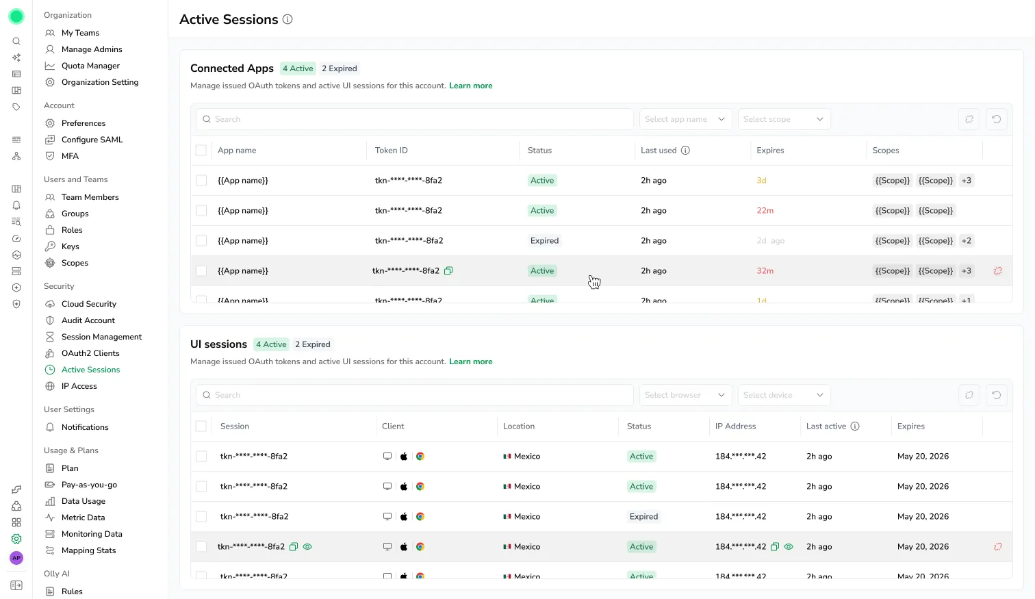 Active sessions page