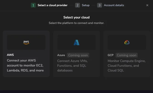Add cloud wizard on the Select Cloud step with AWS selected and Azure and GCP marked Coming soon