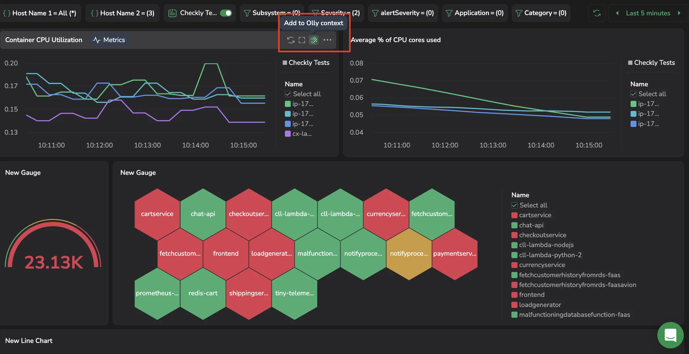 Custom dashboard widget toolbar with the Add to Olly context icon highlighted, to the left of the more-actions menu