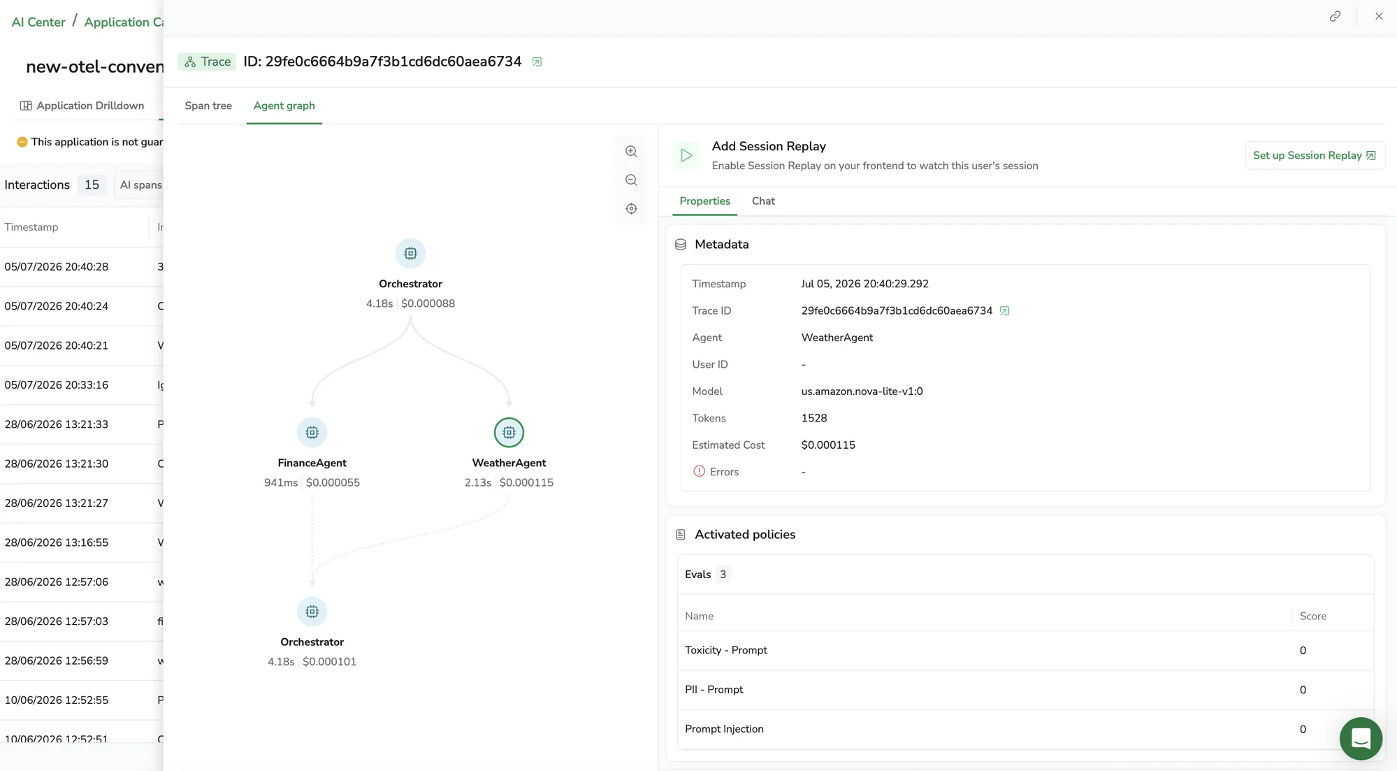 Agent graph view in the AI Center span dialog: an Orchestrator agent node branches to FinanceAgent and WeatherAgent through solid call edges and dotted return edges, with a details panel on the right showing the selected WeatherAgent run's metadata — trace ID, model, tokens, estimated cost — and its activated evaluation policies