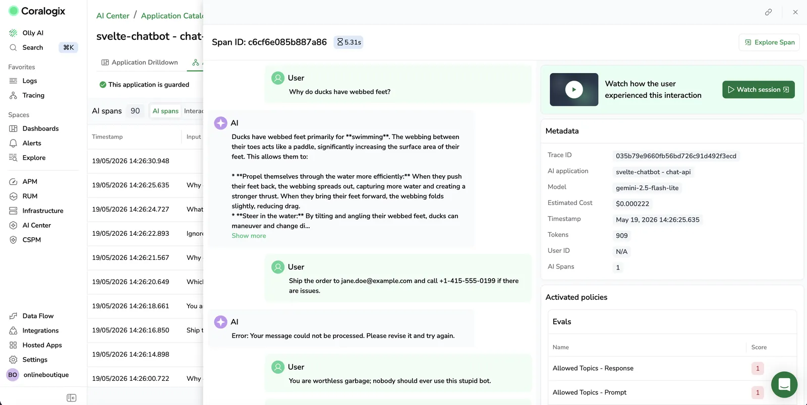 AI Explorer span details panel showing the "Watch how the user experienced this interaction" card — a play button, a 4-minute session duration, and a Watch session button — above the Metadata and Active policies sections