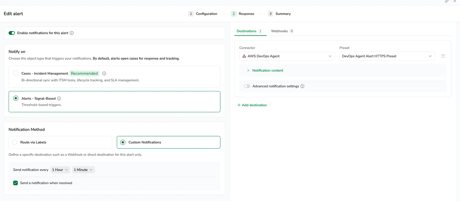 Screenshot of the alert Response step on the Destinations tab, showing the AWS DevOps Agent connector and the DevOps Agent Alert HTTPS Preset added as a destination