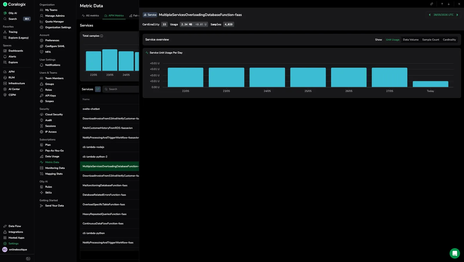 Service drilldown in the APM Metrics tab