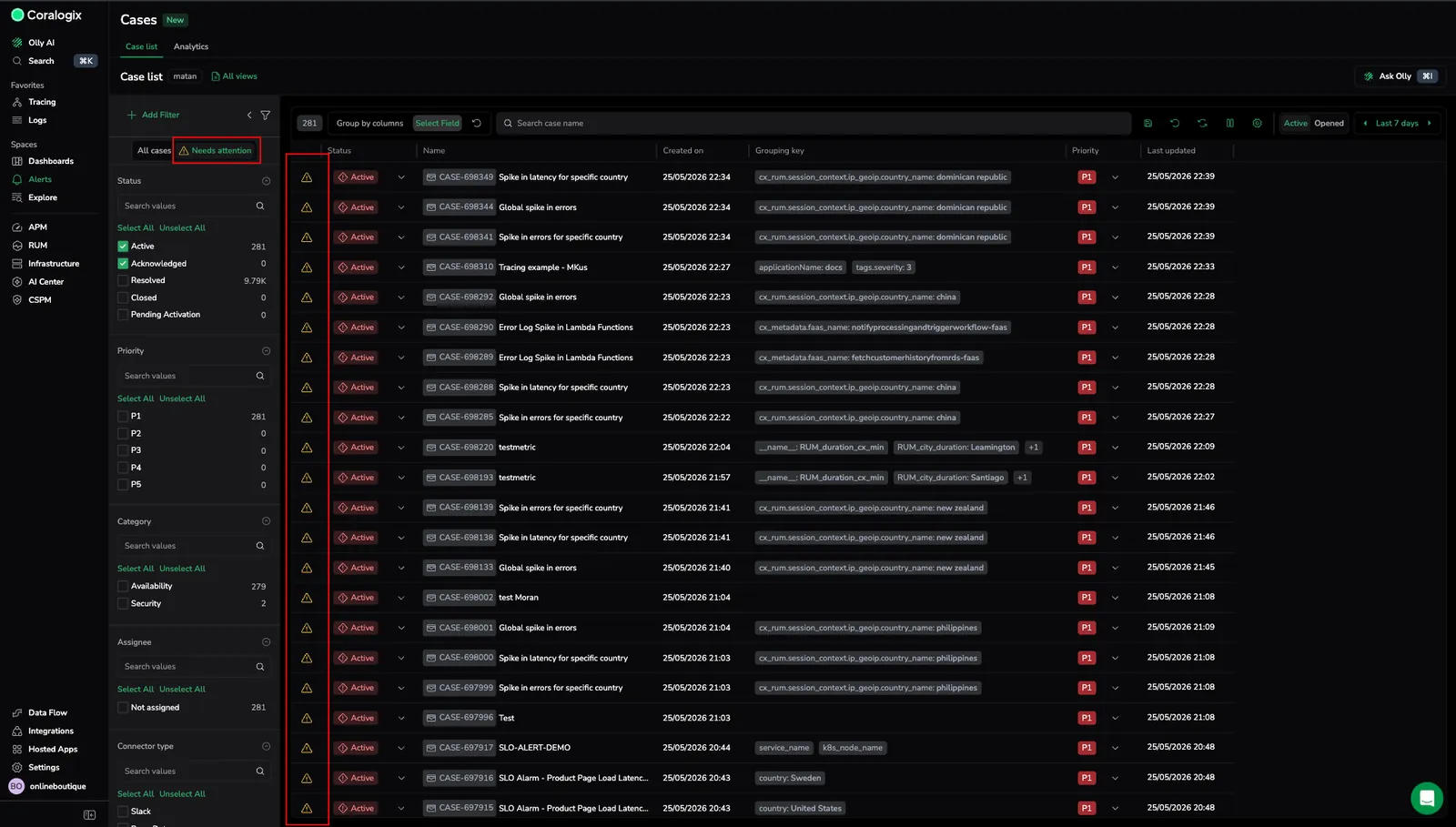 Case list with the Needs attention filter selected in the sidebar, showing rows with warning indicators on Cases whose Time to Acknowledge target was missed