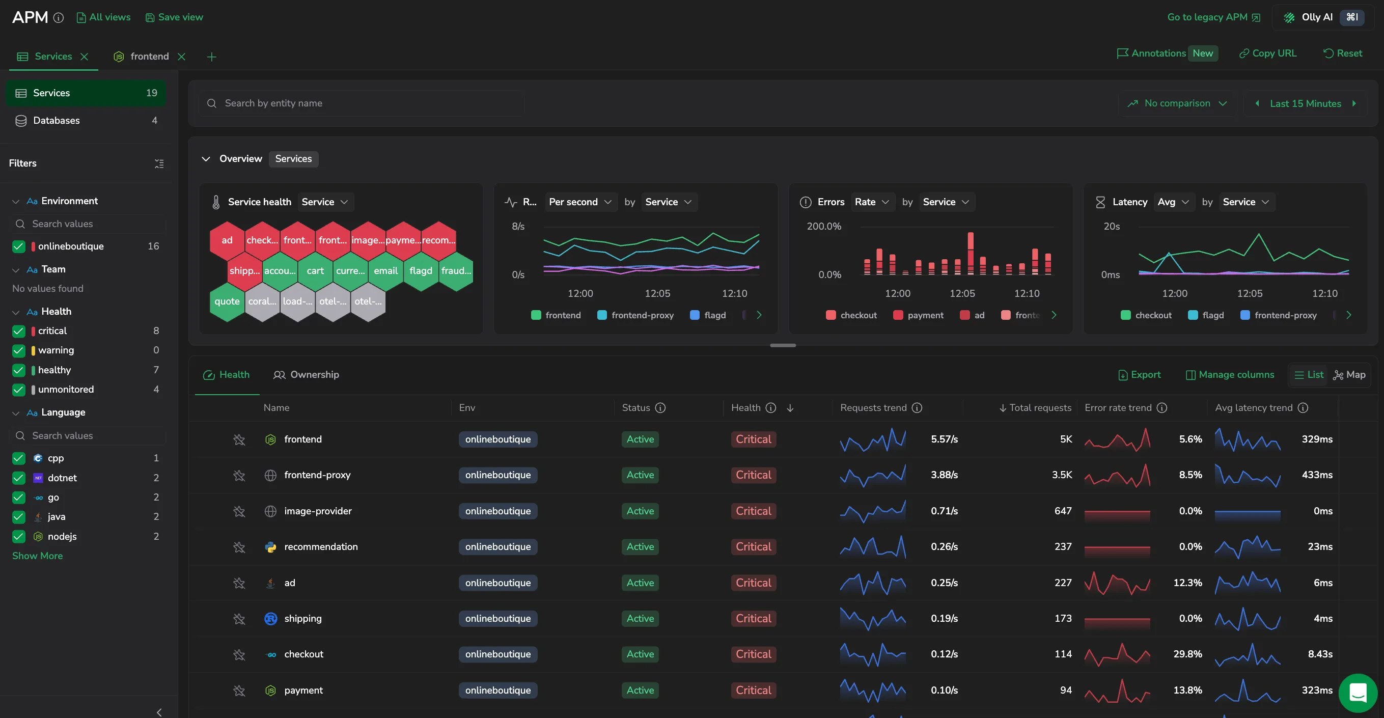 Your services reporting in the APM v2 catalog, with RED metrics and health.