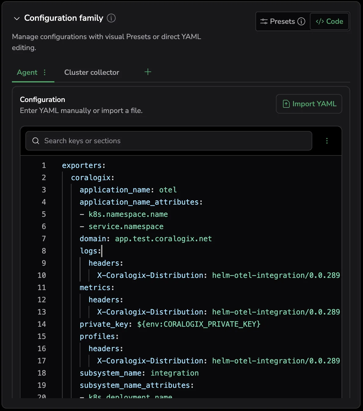 Screenshot of Code mode showing the Configuration family section with Agent and Cluster collector tabs, agent selector, and the YAML code editor