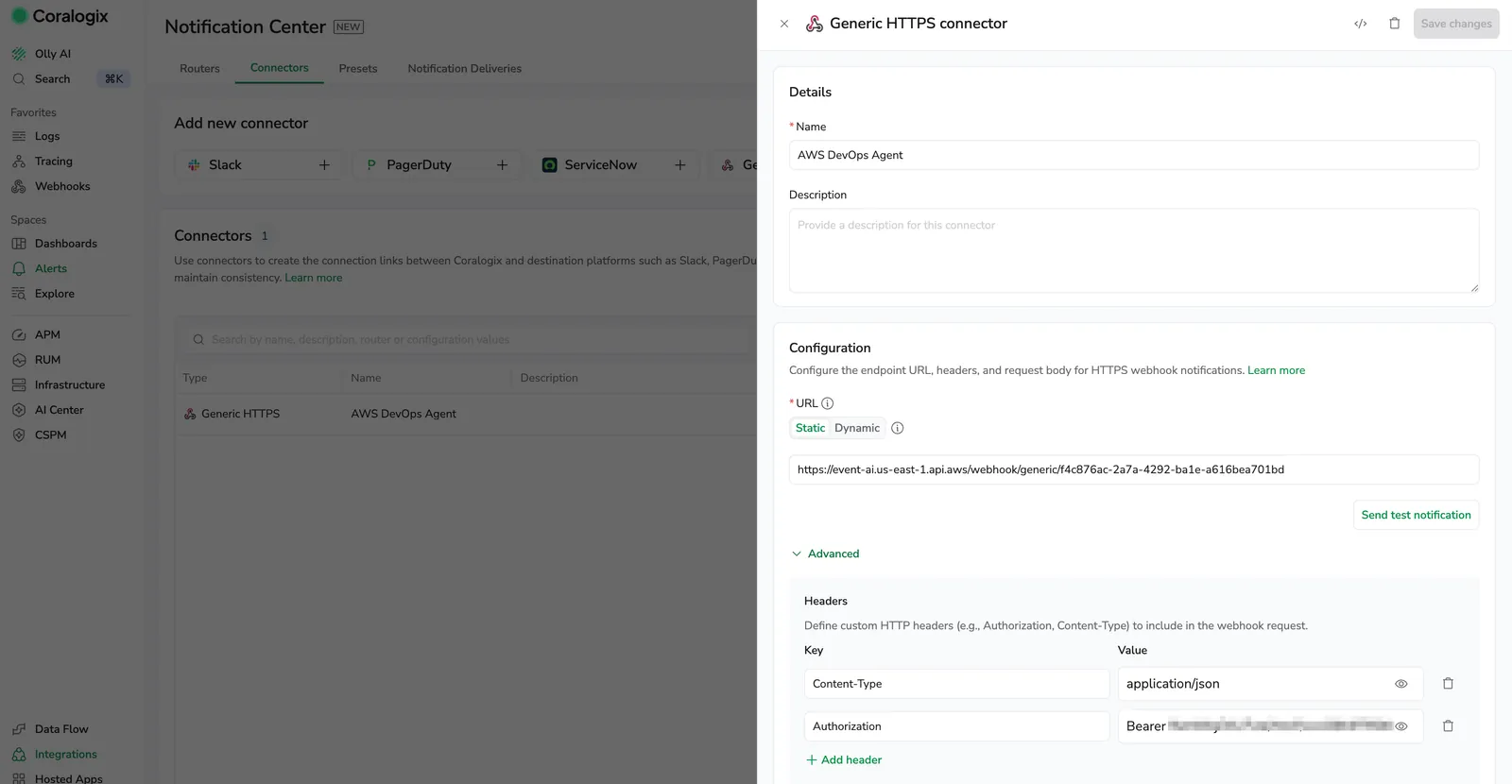 Screenshot of the Generic HTTPS connector in Coralogix with the Advanced section expanded, showing the Content-Type and Authorization headers