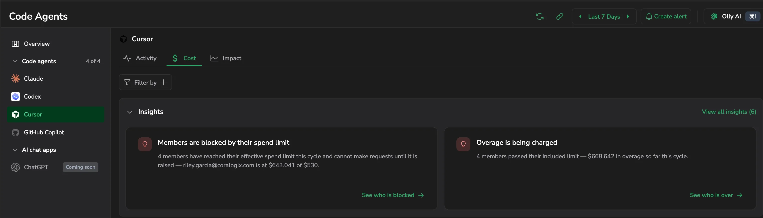 Cost insights naming blocked members and overage being charged