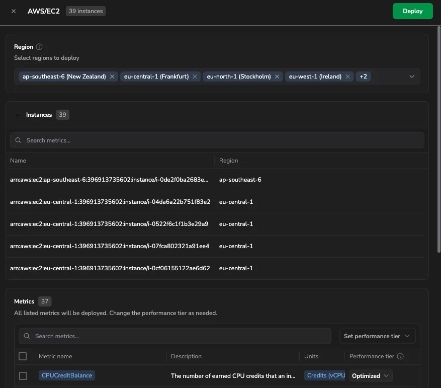 Deploy panel showing a region selector, an instances list, and a metrics table with a performance tier dropdown per metric