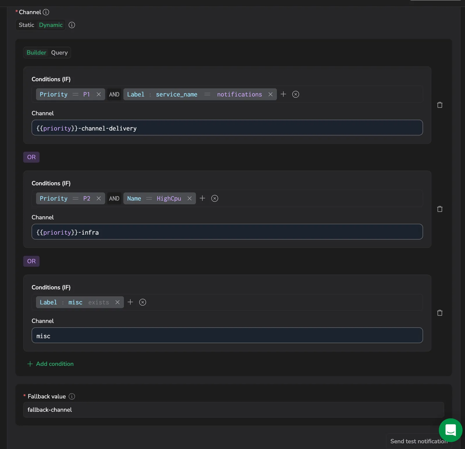 Channel builder with three OR conditions routing by priority, name, and label, plus a fallback channel