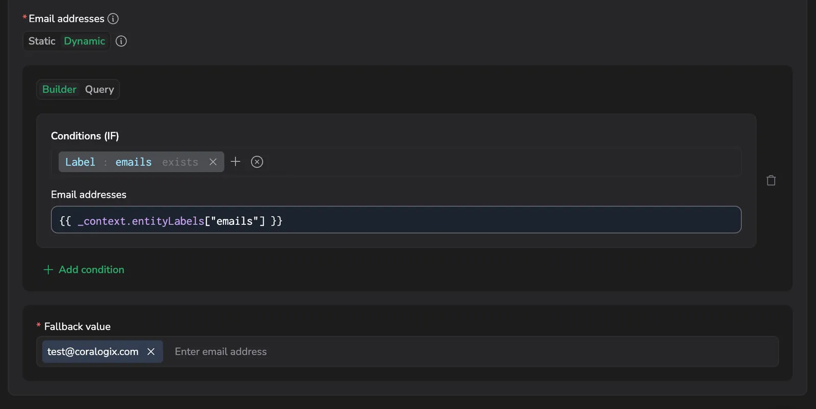 Email addresses builder that resolves recipients from the emails label with a fallback address