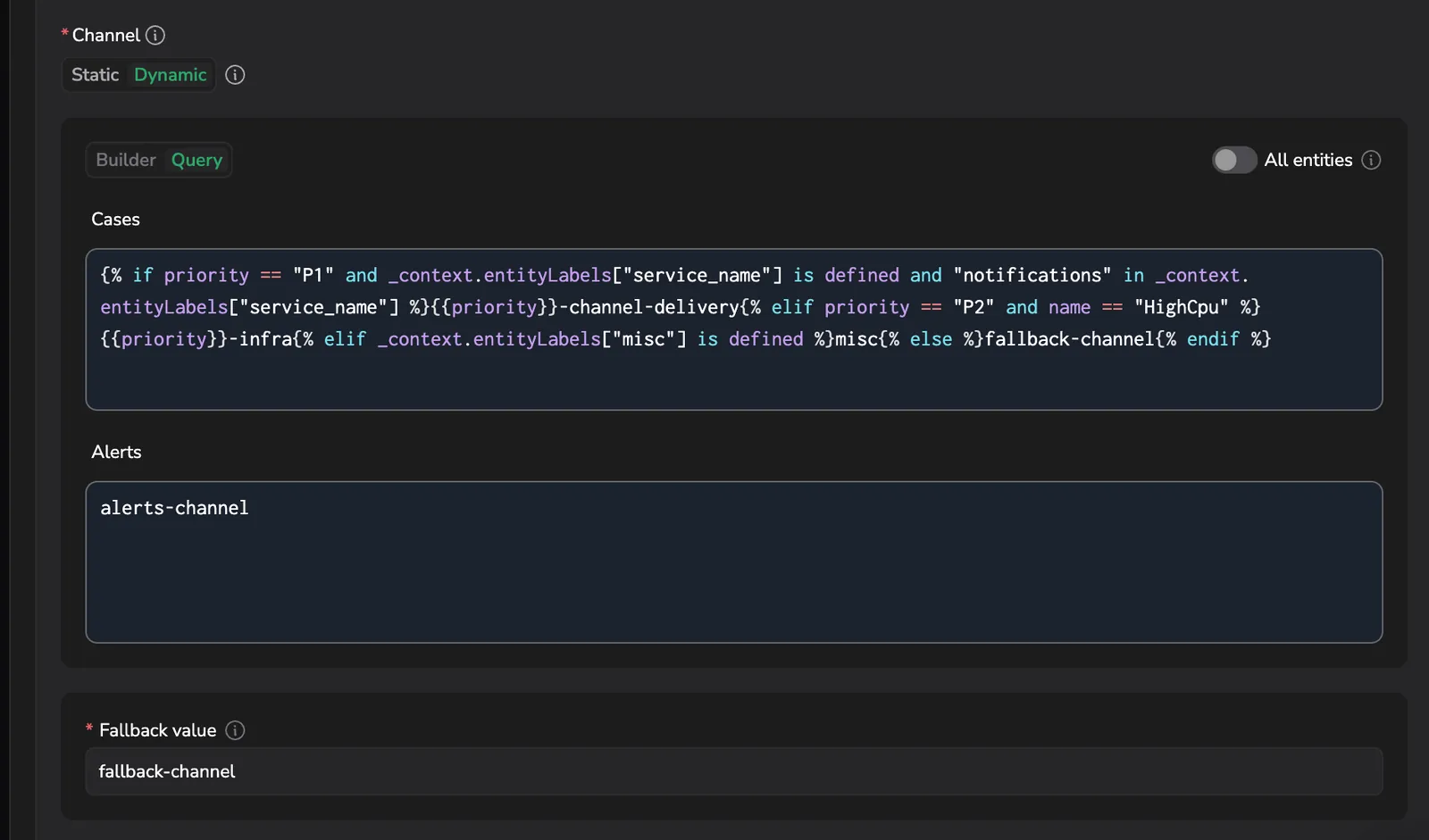 Channel field in Query mode with All entities turned off and separate Cases and Alerts expressions