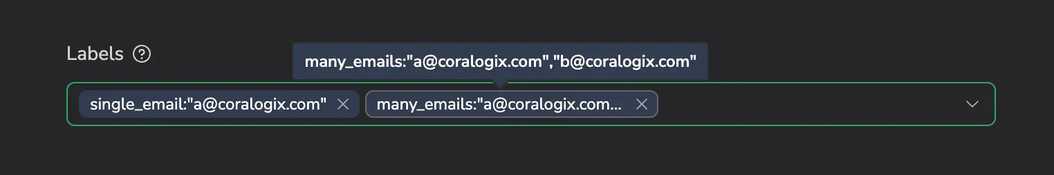Labels field with one label holding a single address and another holding several comma-separated quoted addresses
