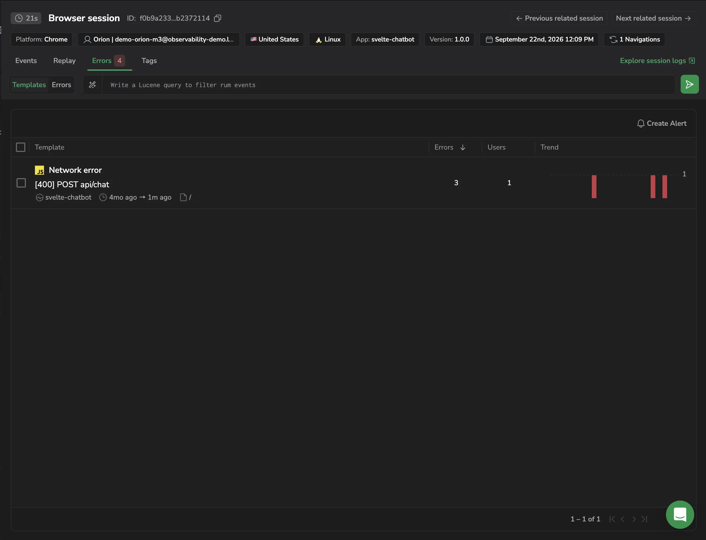 Screenshot of the Errors tab showing the Templates view with Template, Errors, Users, and Trend columns