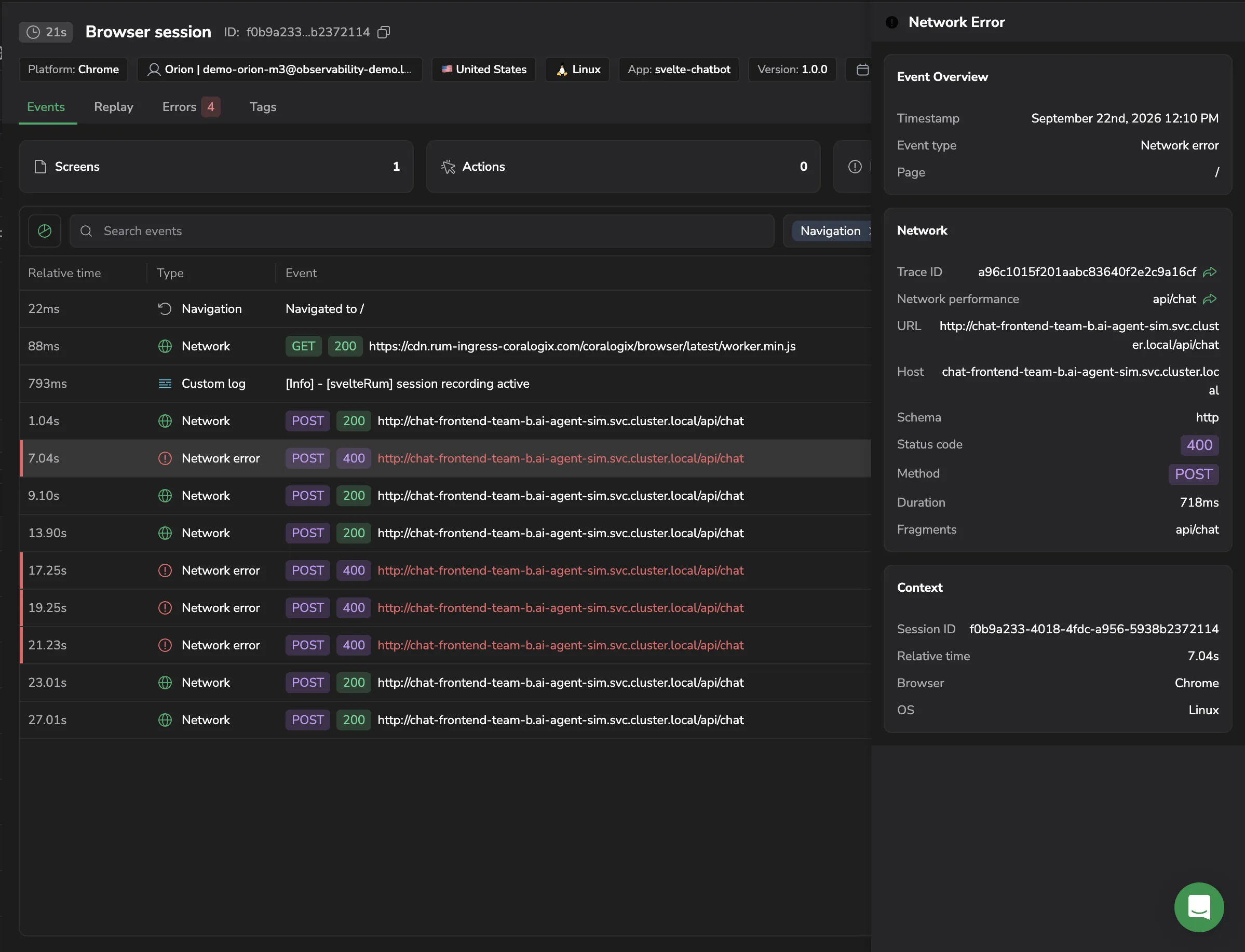 Screenshot of an event detail panel for a network error, showing the Event Overview, Network, and Context sections