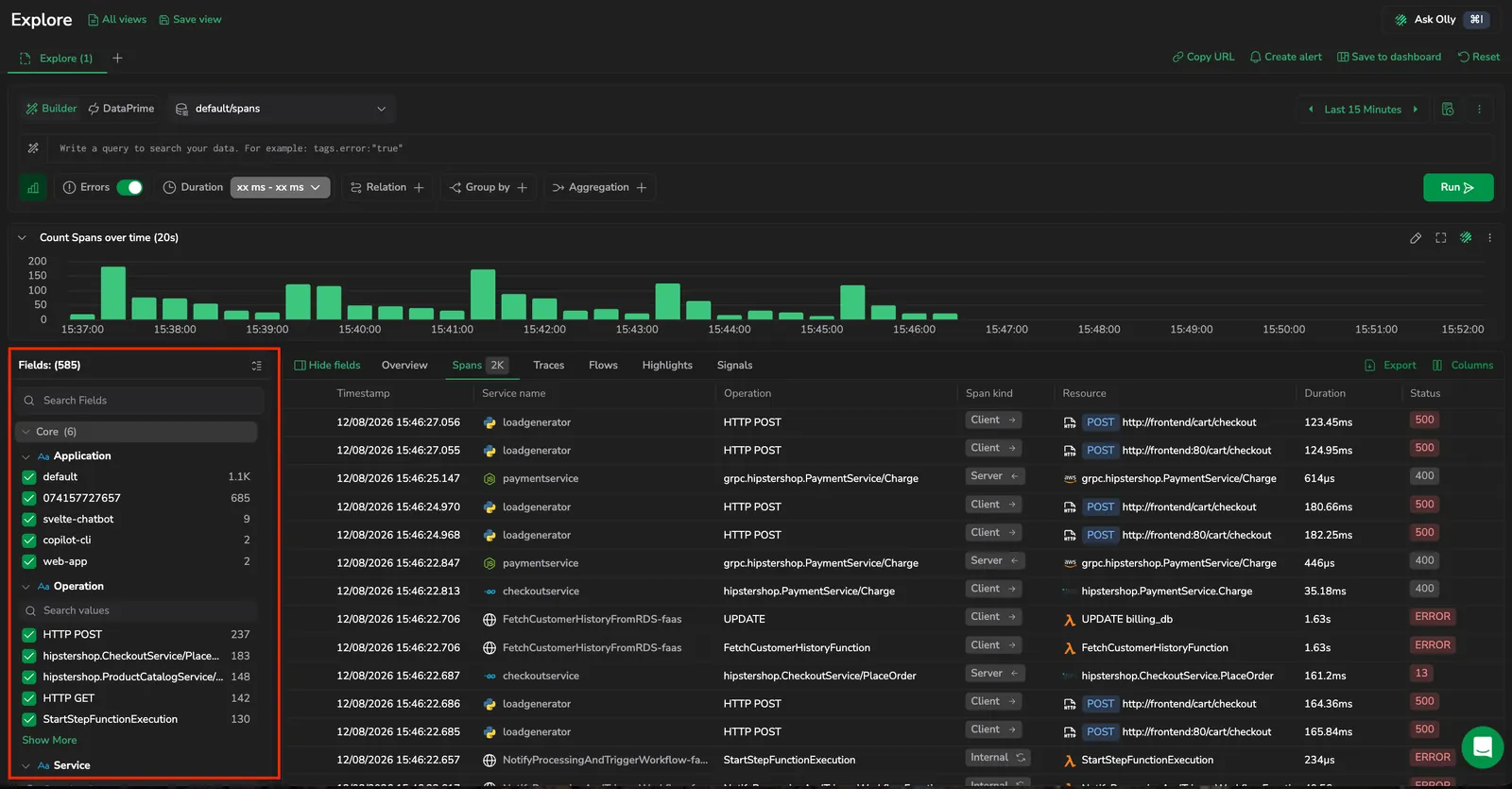 The Fields panel showing detected fields, favorites, and value distributions
