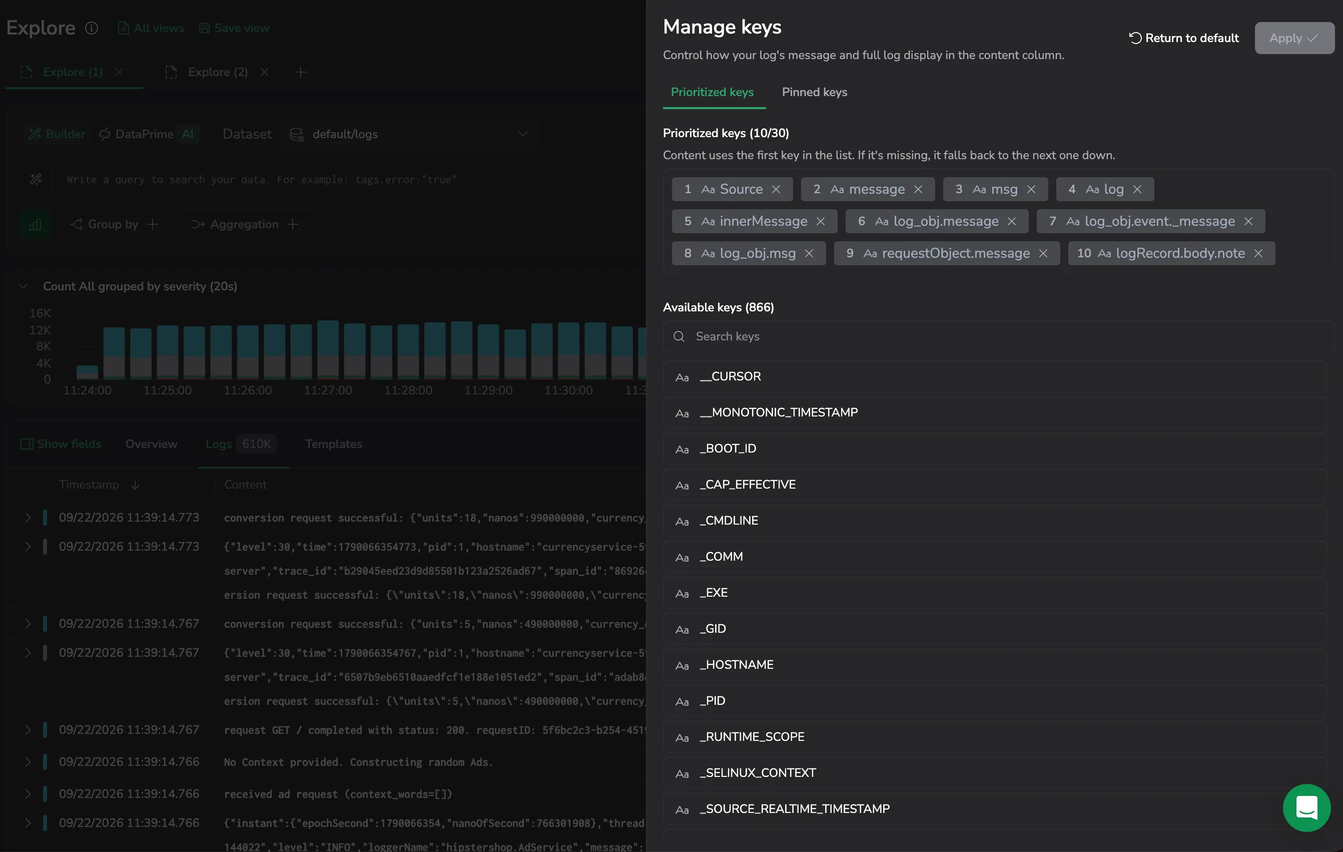 The Prioritized keys tab of the Manage keys drawer: the ordered fallback list as numbered chips above the searchable Available keys list