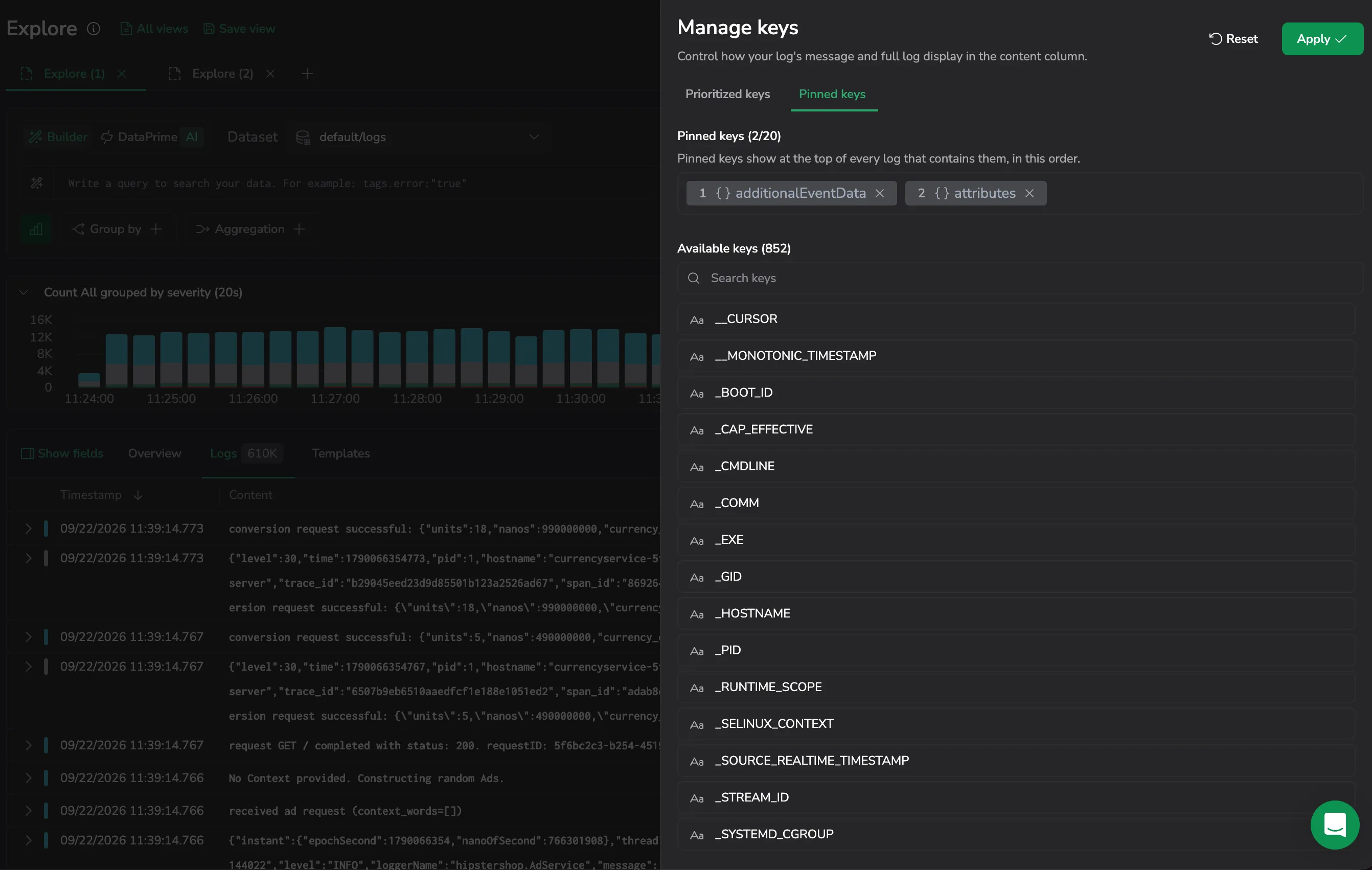 The Pinned keys tab of the Manage keys drawer: pinned keys as numbered chips above the searchable Available keys list