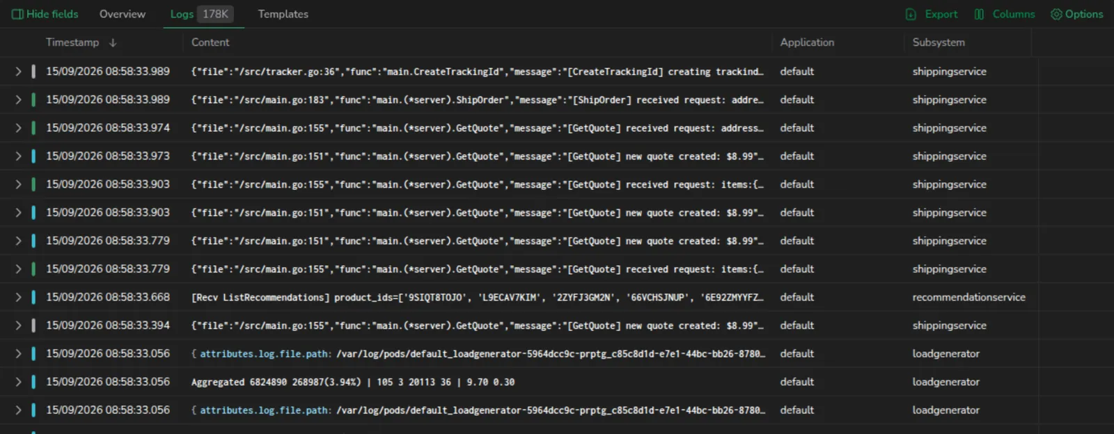 Logs table displaying log entries with Timestamp, Content, Application, and Subsystem columns, with a severity bar beside each row