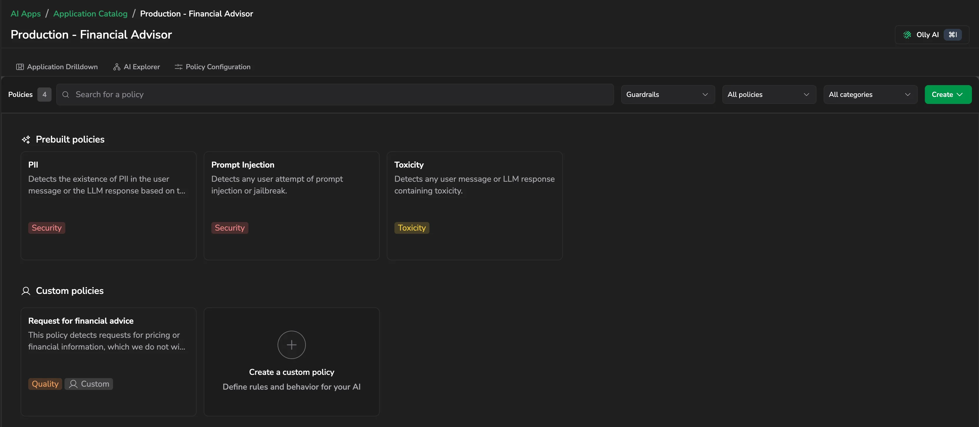 The Policy Catalog filtered to Guardrails, showing the PII, Prompt Injection and Toxicity policies