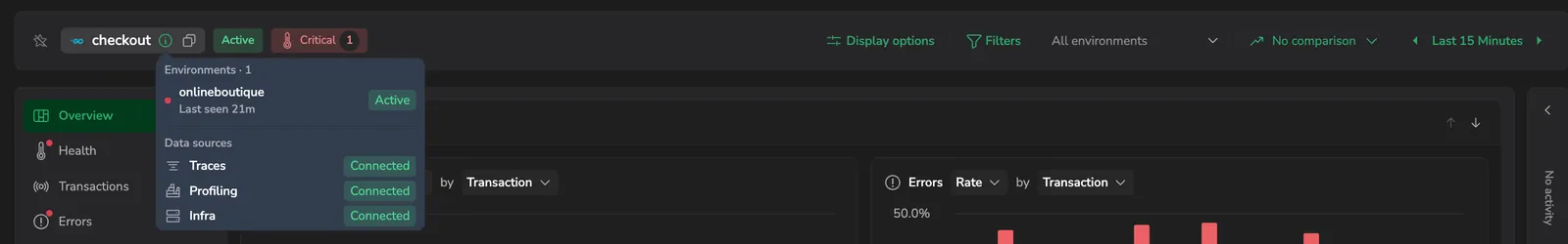 The drilldown header with the Info tooltip open: the entity's Environments and their Data sources - Traces, Profiling, and Infra - each marked Connected.