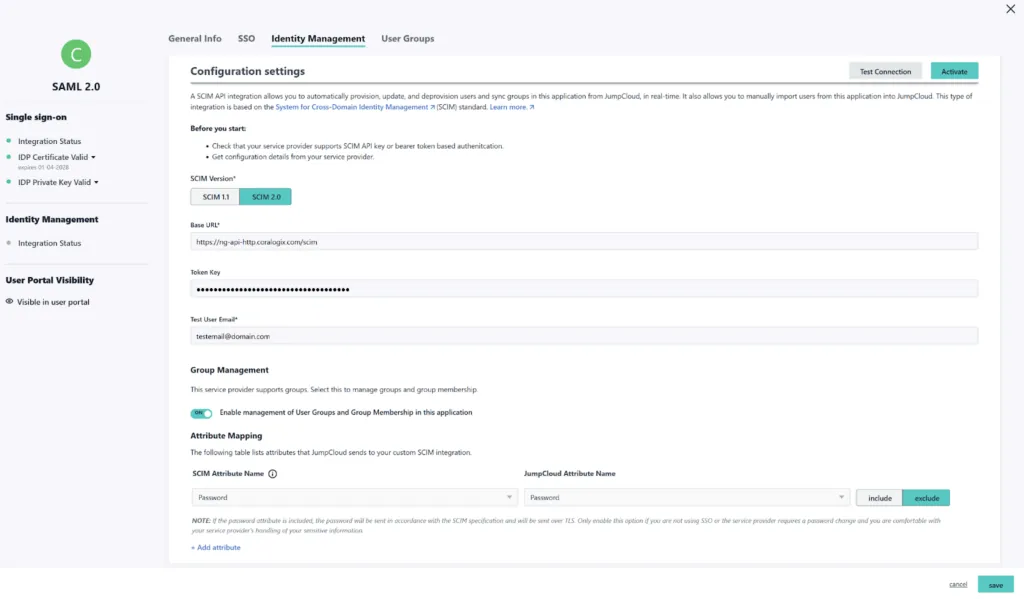 JumpCloud SCIM Identity Management Integration Activation
