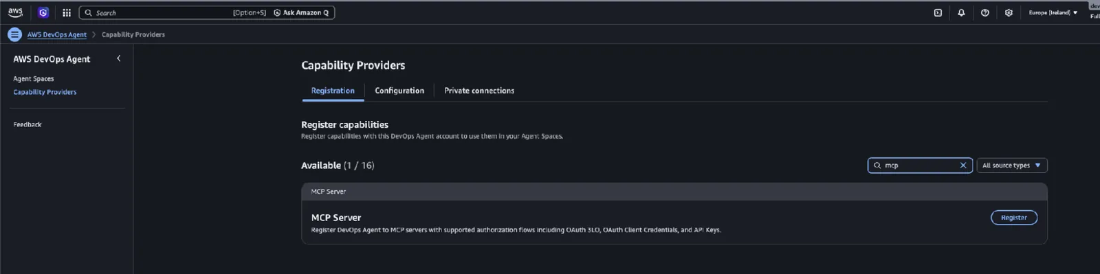 Screenshot of the AWS DevOps Agent Capability Providers page with the MCP Server provider available to register