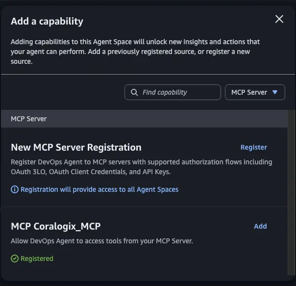 Screenshot of the Add a capability dialog with the registered Coralogix MCP server available to add