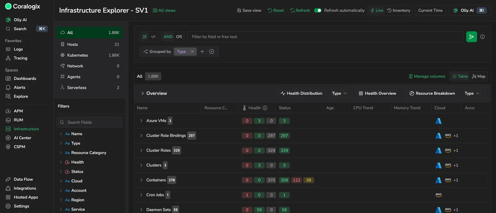 Infrastructure Explorer with the Filters sidebar, a Grouped by chip, and the resource table grouped by type