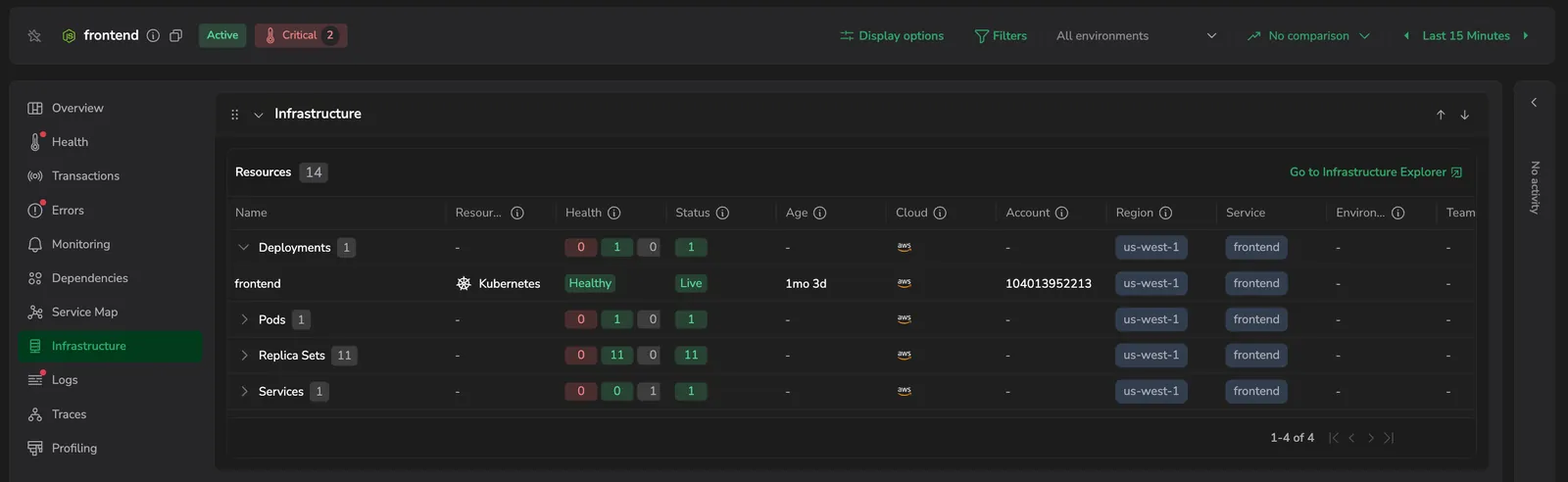 The Infrastructure tab: the Resources table grouped by resource type - containers, deployments, pods, replica sets, and services - with a Go to Infrastructure Explorer button.