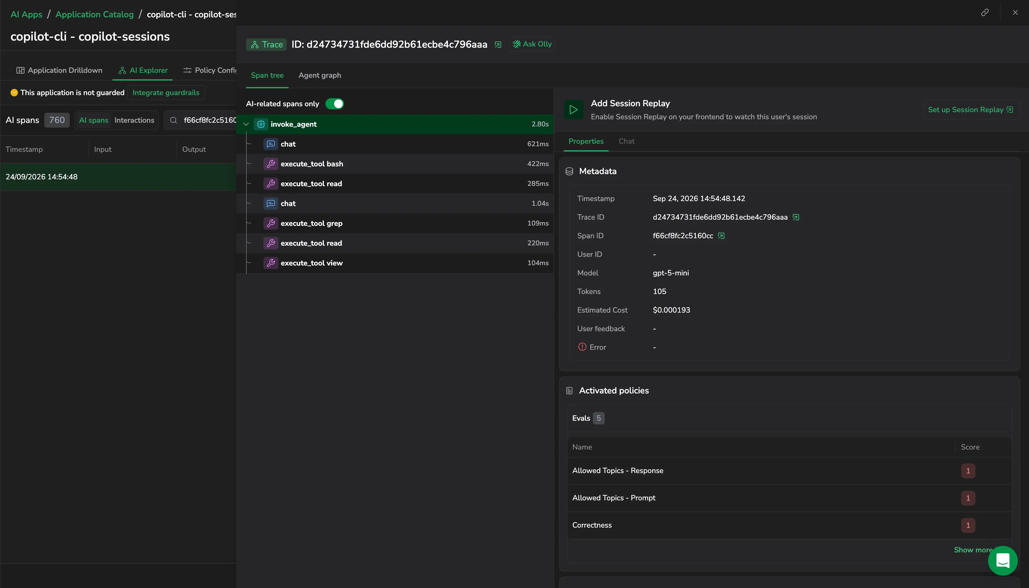 AI Explorer span drilldown opened from an insight, showing the span tree, metadata, and activated policies