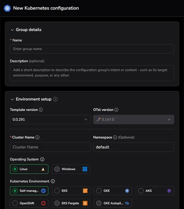Screenshot of the Kubernetes template form showing Group details, Environment setup with version selectors and environment options, and the Preview panel