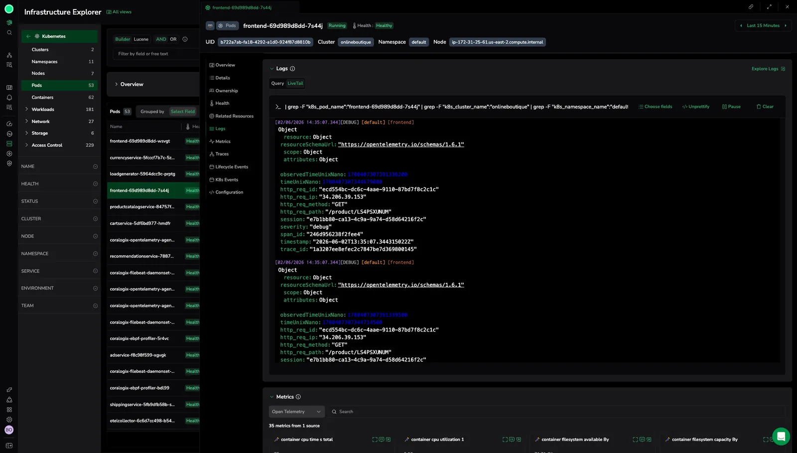 LiveTail streaming in the Logs tab of a resource drilldown panel