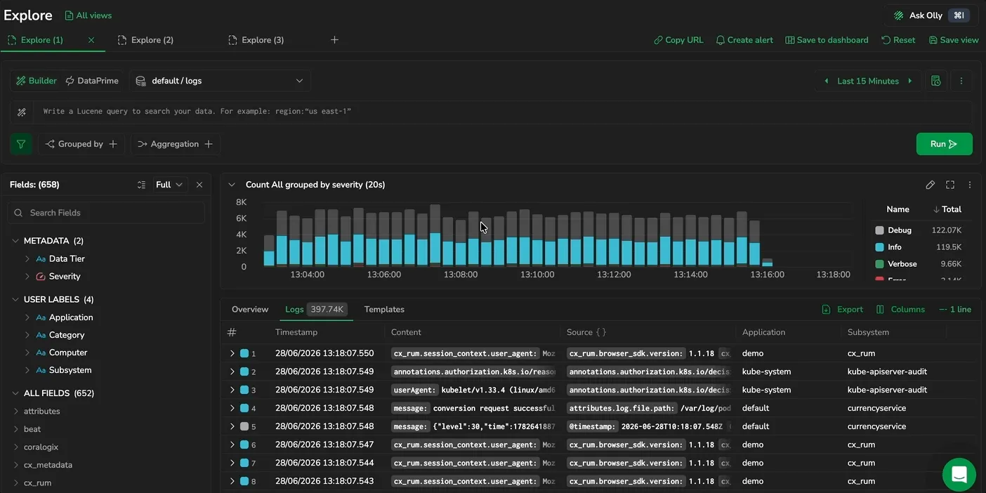 Explore Logs complete investigation flow from data source selection to log inspection