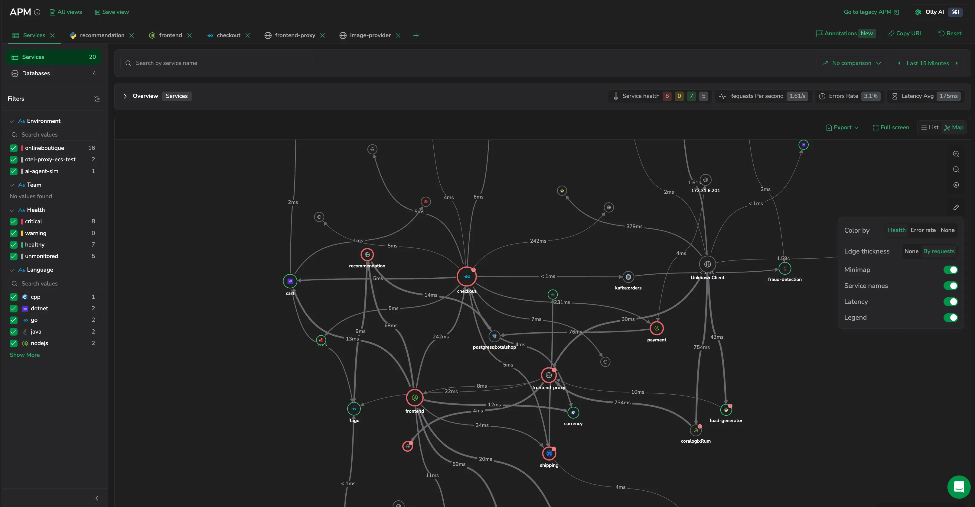 The catalog Map view: a system-wide, force-directed graph of every service and its dependencies, with a node tooltip showing requests, errors, and average latency.