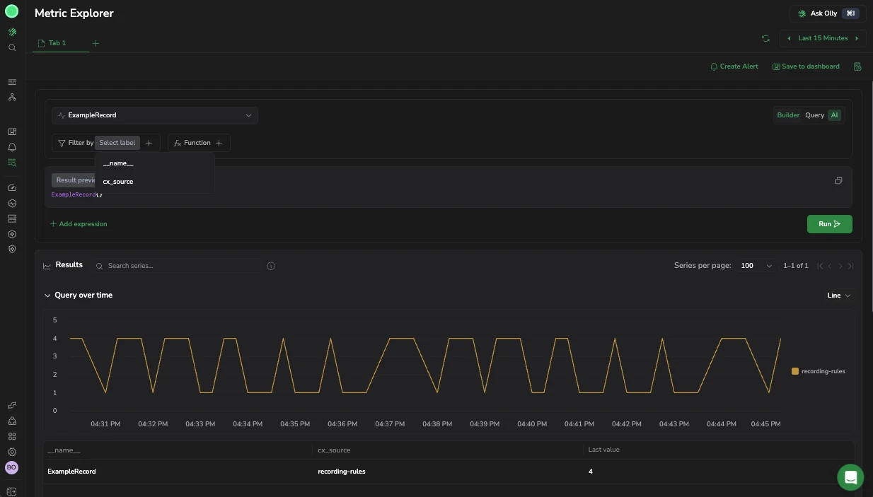 Metric Explorer Builder mode with the Filter by label list open, showing the labels available on the selected metric