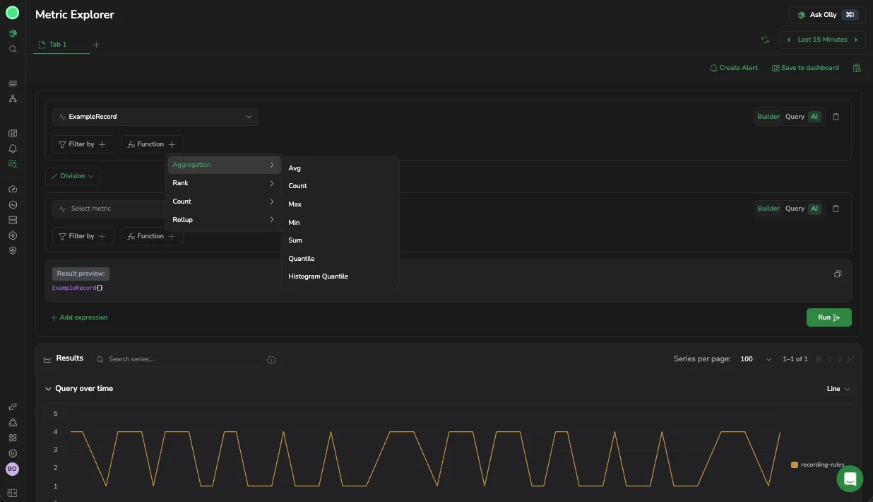 Metric Explorer Builder mode with the Function menu open on Aggregation, showing Avg, Count, Max, Min, Sum, Quantile, and Histogram Quantile