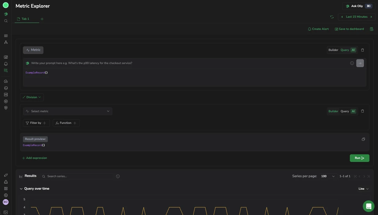 Metric Explorer in AI mode with the Olly prompt field above the query editor