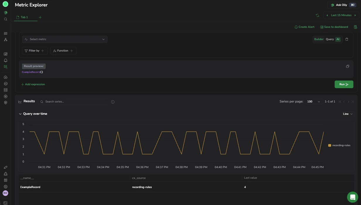 Metric Explorer with a query built in Builder mode and its results charted below