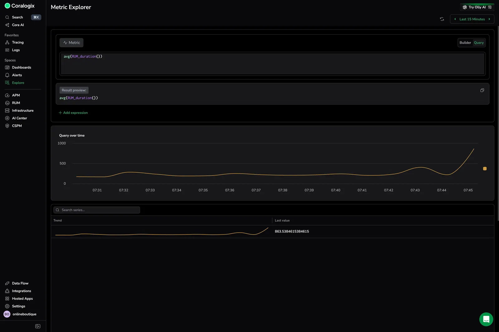 Screenshot of Metric Explorer Query mode with a PromQL expression in the code editor and a single aggregated time series in the chart