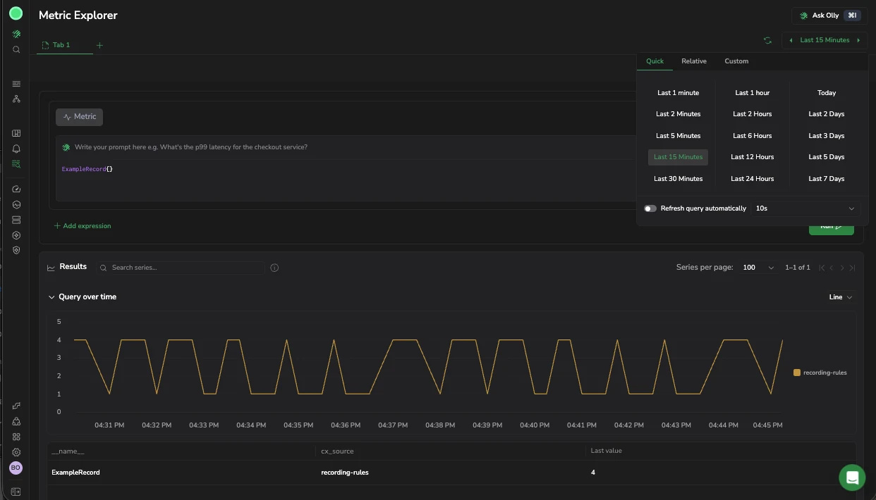 Screenshot of Metric Explorer showing the time range picker with Quick tab options and the Refresh query automatically toggle active