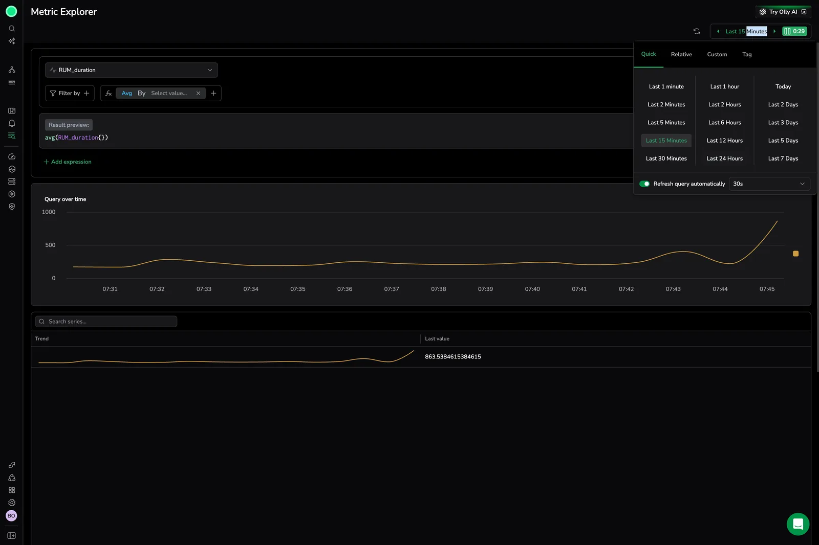 Screenshot of Metric Explorer showing the time range picker with Quick tab options and the Refresh query automatically toggle active