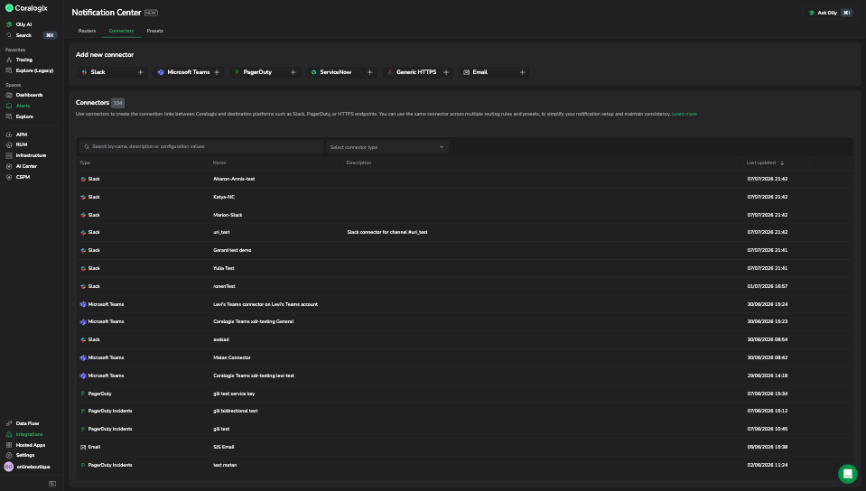 Microsoft Teams listed as a connector type in the Notification Center Connectors screen, alongside Slack, PagerDuty, ServiceNow, Generic HTTPS, and Email