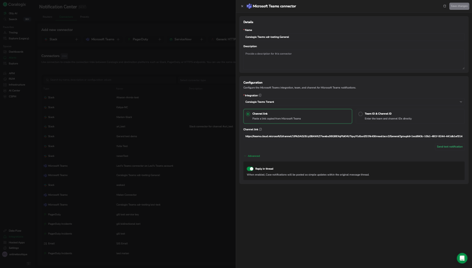 The Microsoft Teams connector configuration in Coralogix, showing the integration, channel-selection modes, channel link field, and the Reply in thread toggle