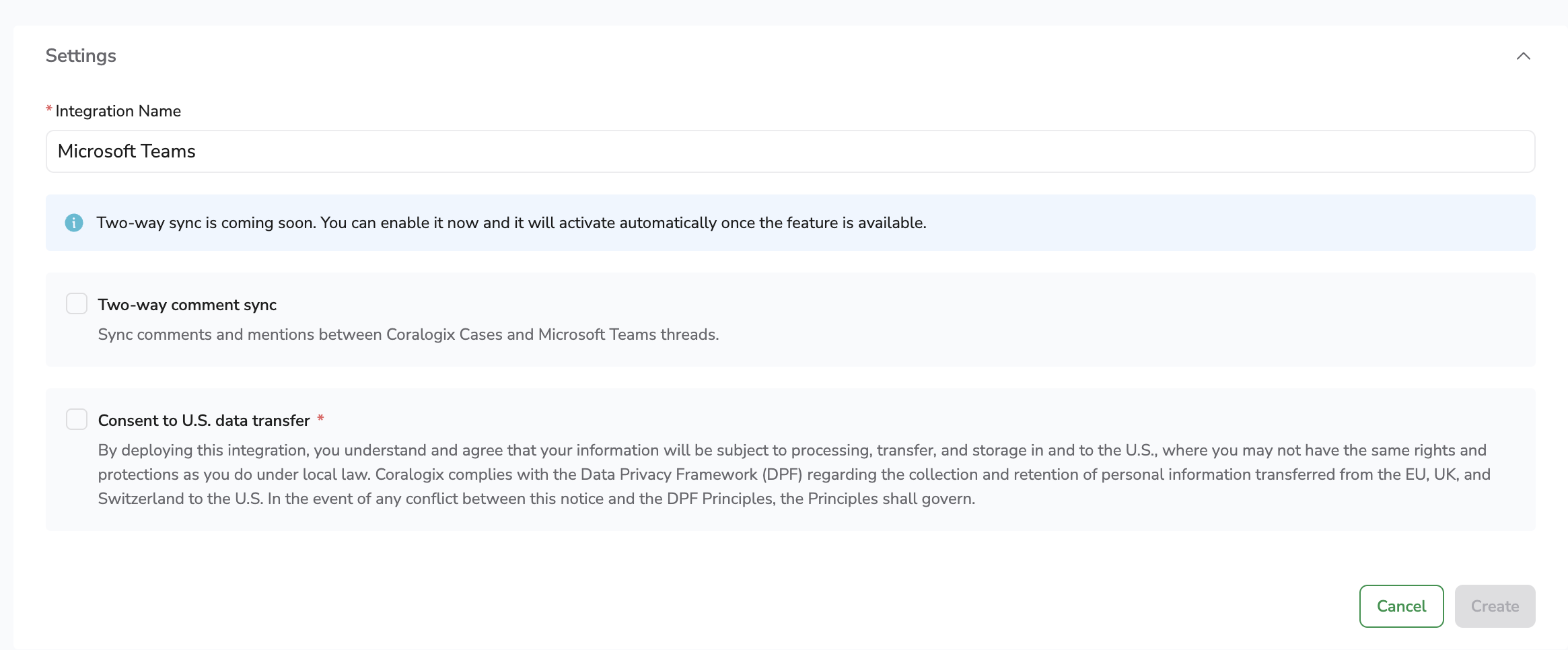 The Microsoft Teams integration setup with the name, two-way sync option, and US data transfer consent